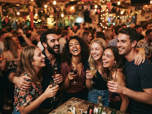 Foto de amigos celebrando em destaque no telão